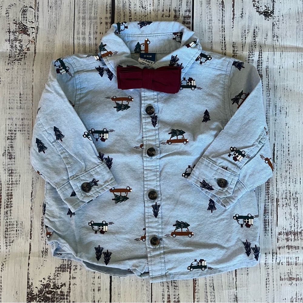 Old Navy Baby Long-Sleeve Printed Shirt and Bow-Tie Set Christmas Tree Size 3-6m
